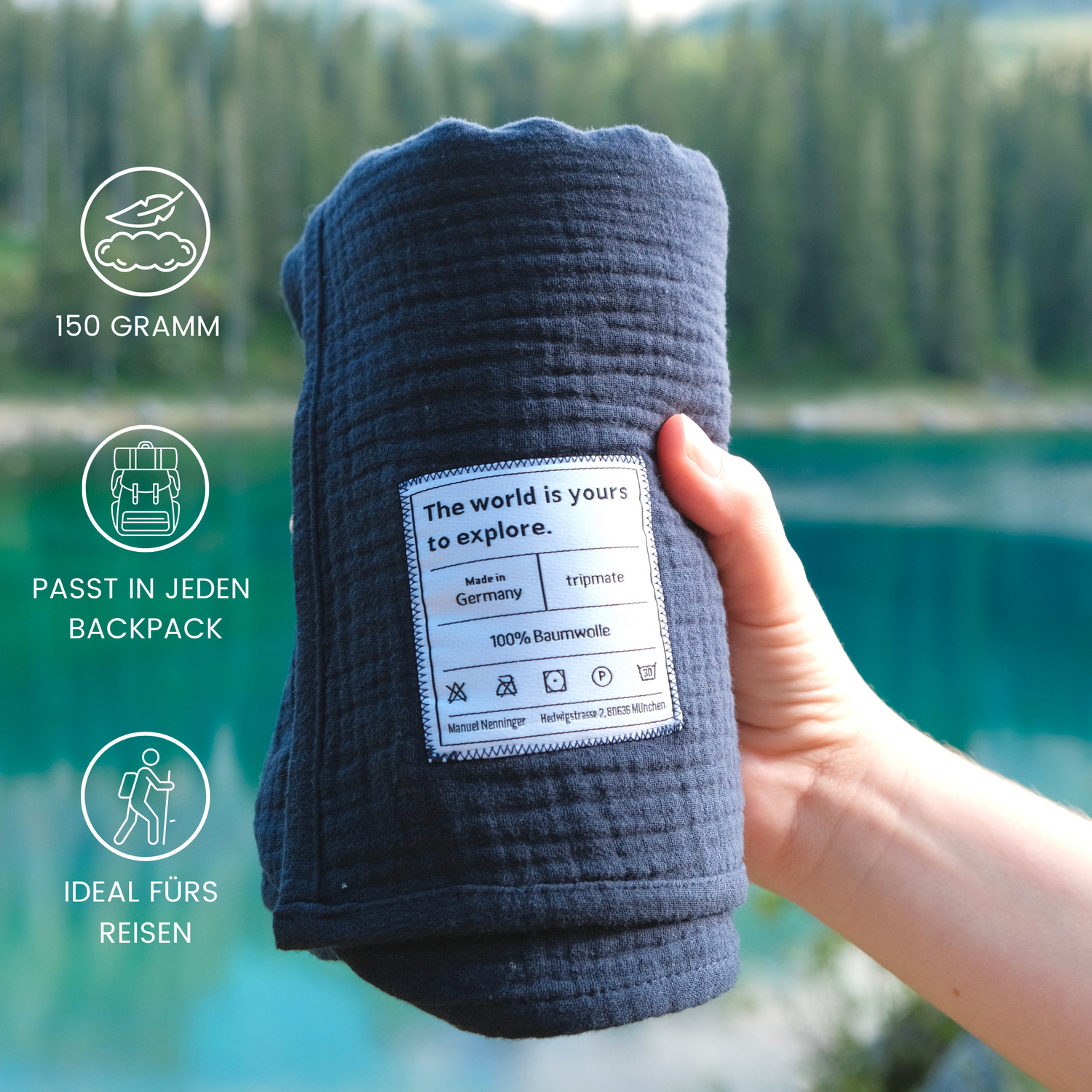 Kompaktes Baumwoll-Reisehandtuch – platzsparend verpackt für Camping und Outdoor-Abenteuer.